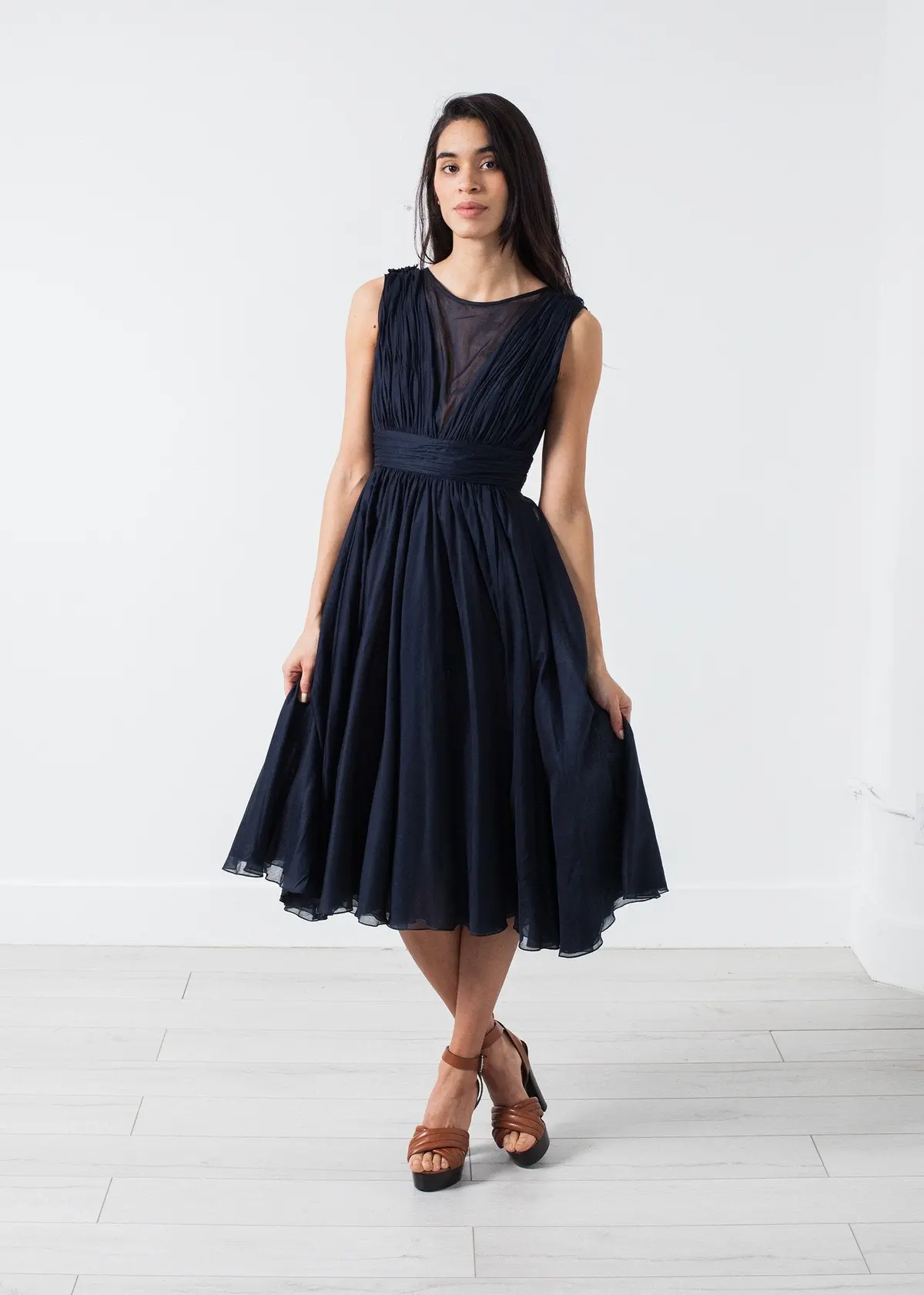 Voile V-Neck Dress In Navy 1