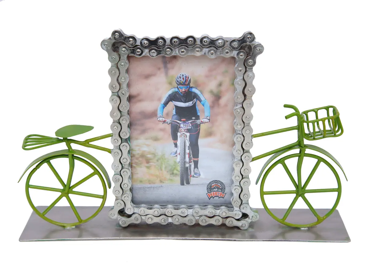 Upcycled Bike Chain Photo Frame With Cycle Basil Green With Silver Plating 1