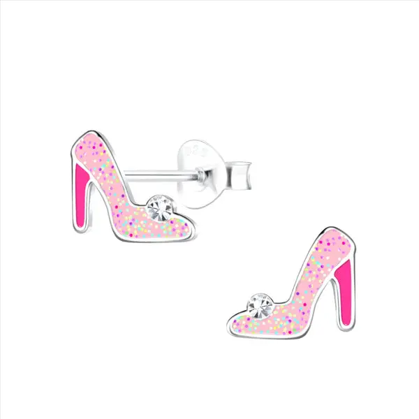 Sterling Silver Girls Pink Princess Shoes Stud Earrings 1
