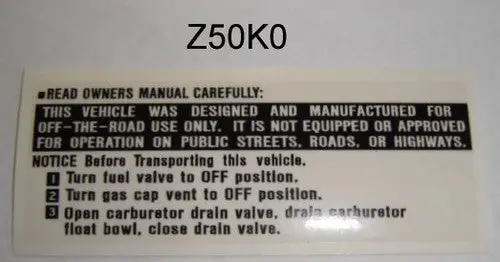 Decal Gas Tank Warning Honda Z50k0, K1, K2 1