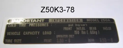 Decal Tire Pressure Specs Honda Z50k3-1978 1