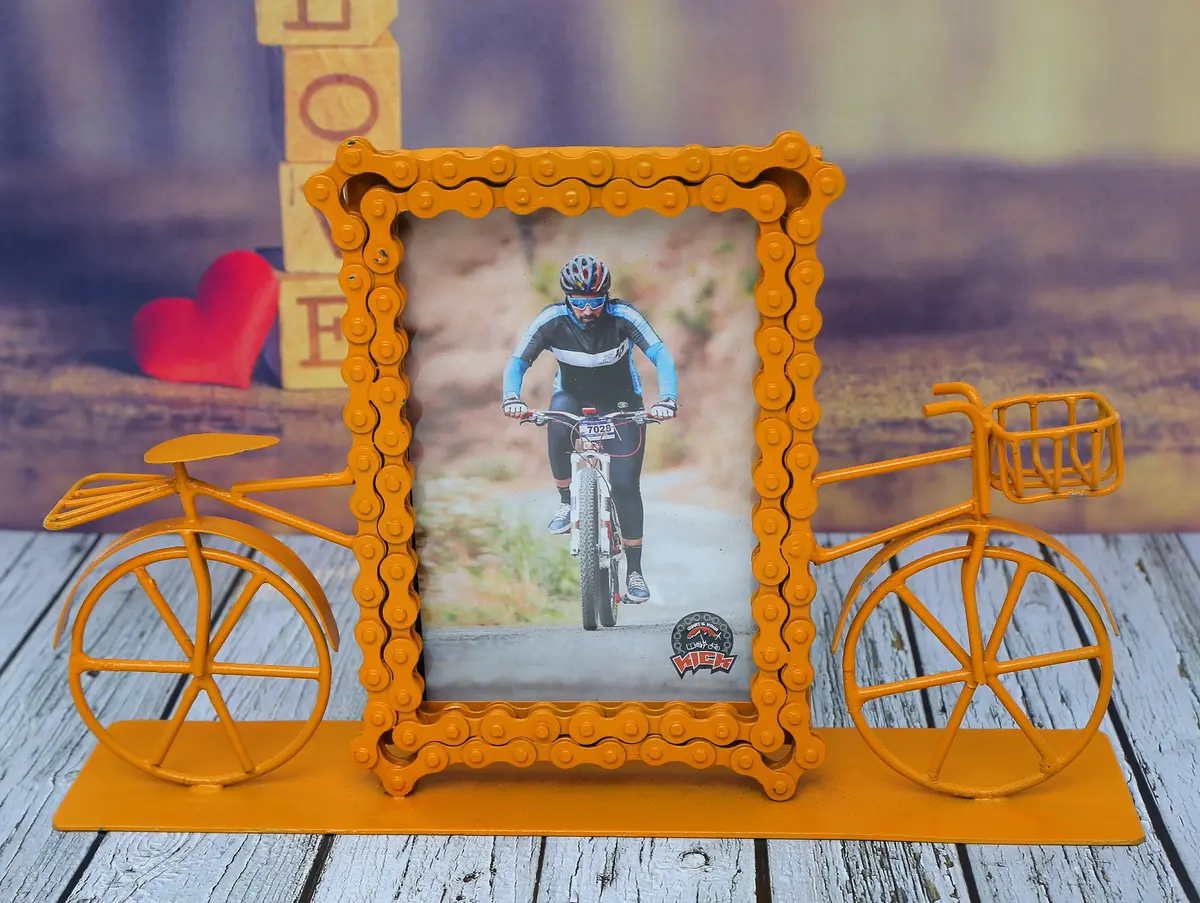 Upcycled Bike Chain Photo Frame With Cycle Bumblebee Yellow Finish 1