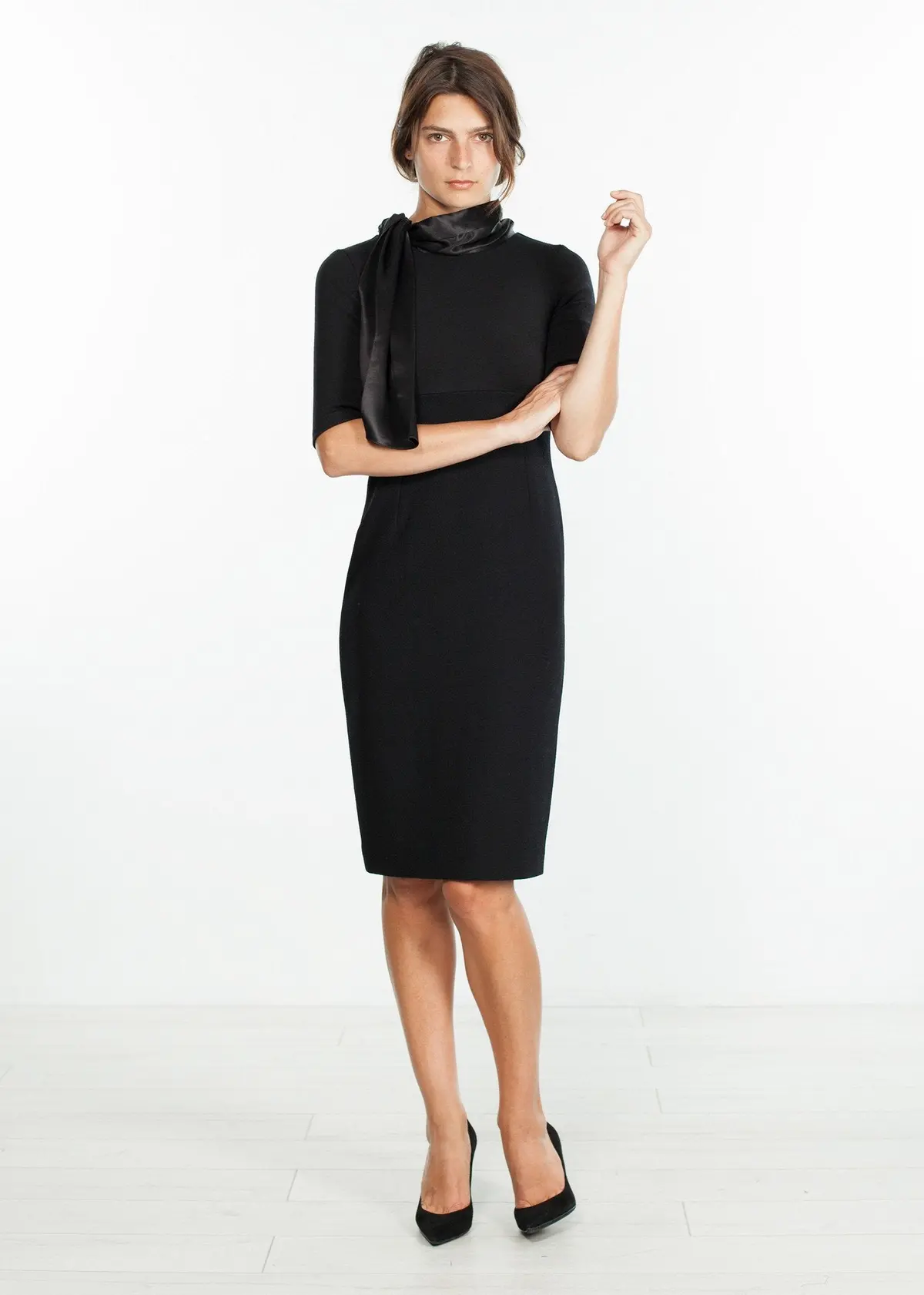 Tie Neck Wool Dress In Black 1