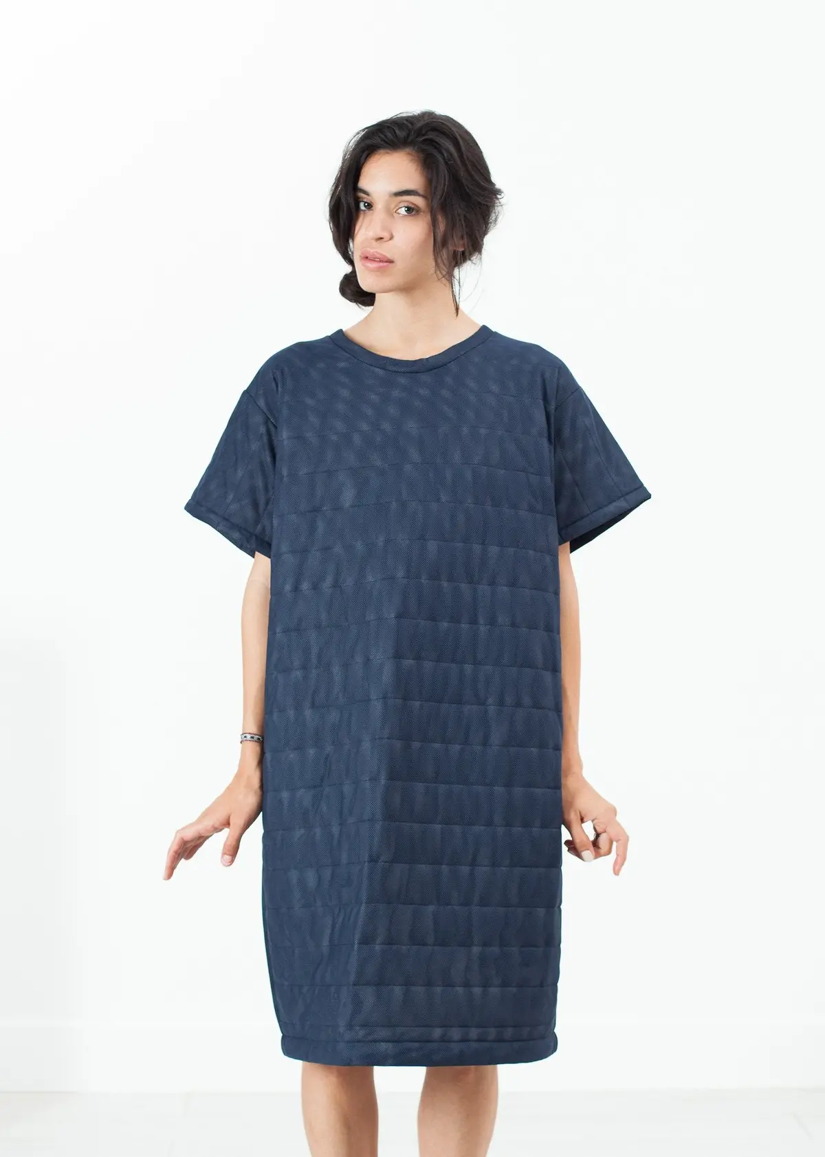 Quilted Mesh T-Shirt Dress In Navy 1