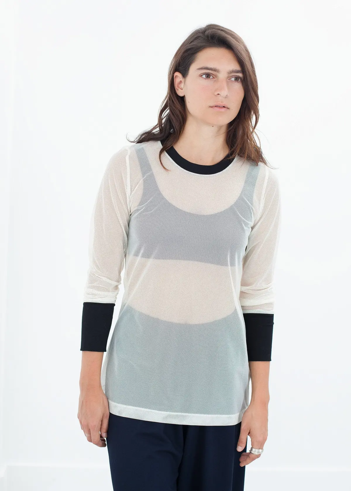 Cuffed Mesh Tee In Cream/Black 1