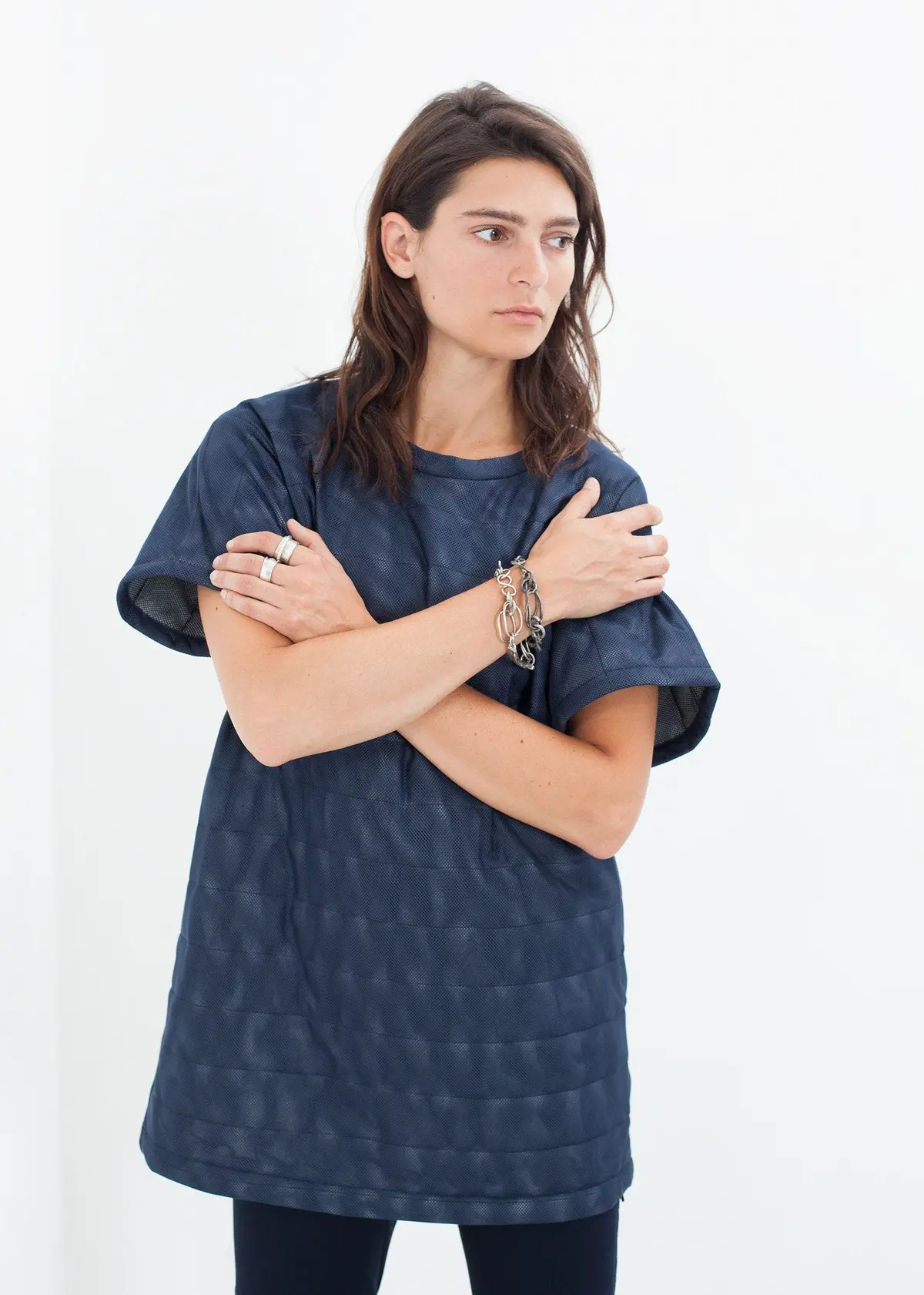Quilted Mesh Mini Dress In Navy 1