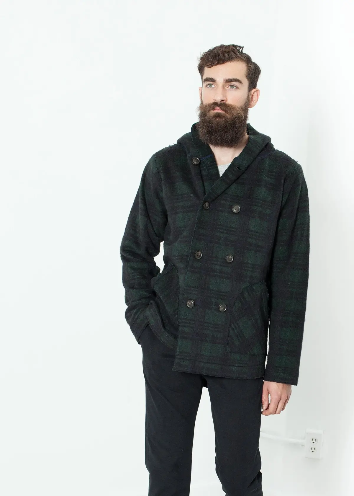 Double Breasted Hoodie In Forest Plaid 1