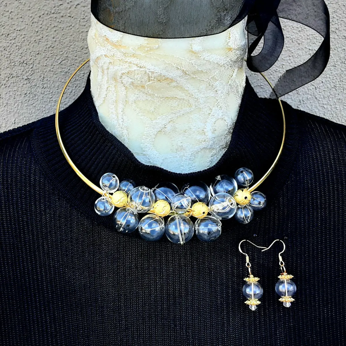 Clear Hand Blown Glass Wire Bridal Choker In Plated Gold With 14K Gold Plated Accents - Unique Modern Bubble Gift For Her 1