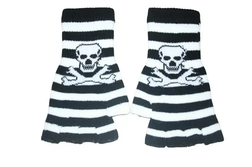 Black And White Skull Fingerless Gloves 1