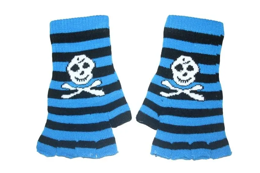 Black And Blue Skull Fingerless Gloves 1