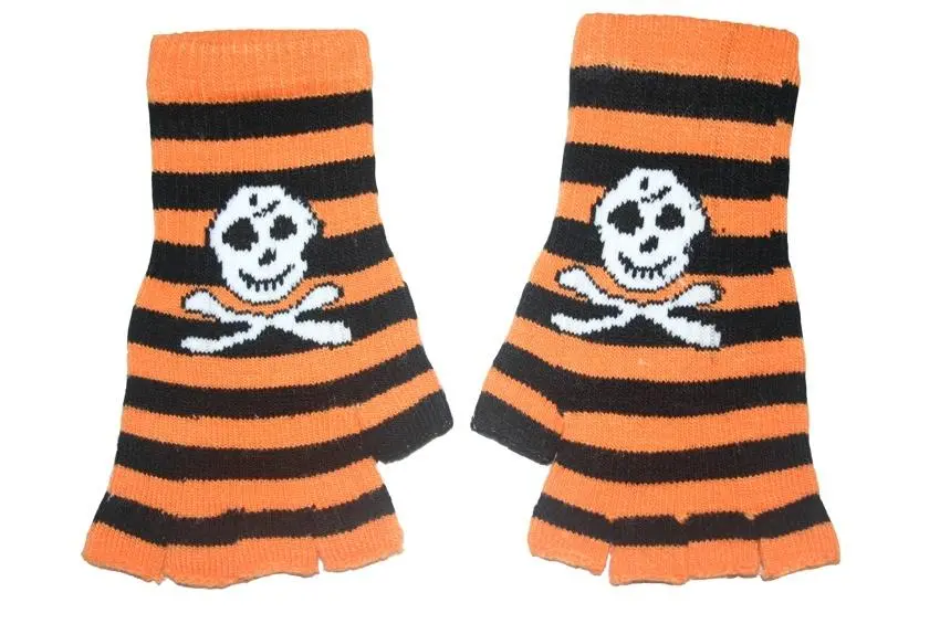 Black And Orange Skull Fingerless Gloves 1