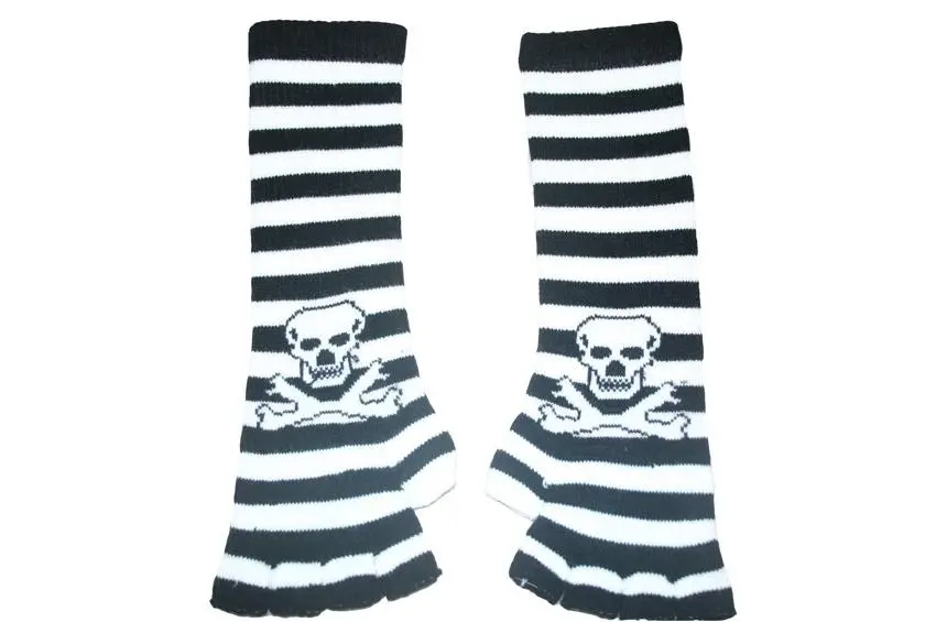 Black And White Skull Arm Length Fingerless Gloves 1
