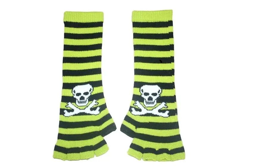 Black And Green Skull Arm Length Fingerless Gloves 1