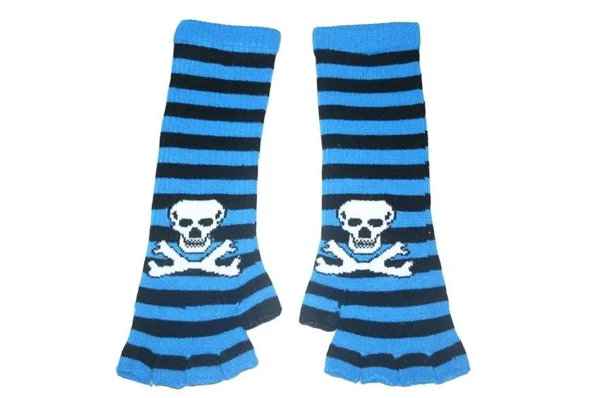 Black And Blue Skull Arm Length Fingerless Gloves 1