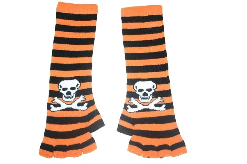 Black And Orange Skull Arm Length Fingerless Gloves 1