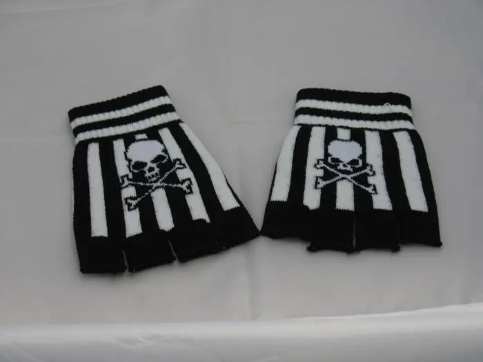Black And White Striped Skull Fingerless Gloves 1