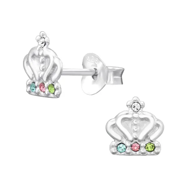 Childrens Sterling Silver Cz Princess Crown Stud Earrings 1