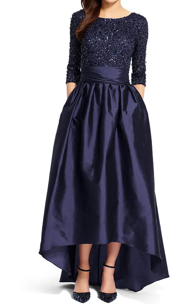 Half Sleeve Hi Lo Mother Of The Brides Dress Dark Navy Sequin Formal Evening Gown 1