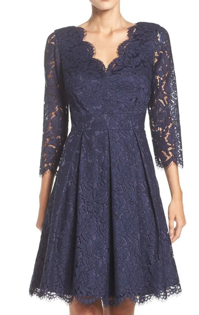 Macloth Half Sleeves V Neck Lace Dark Navy Cocktail Dress 1