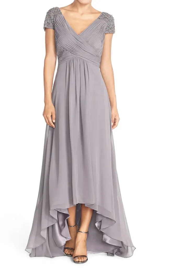 V Neck Cap Sleeves Hi-Lo Chiffon Evening Gown Silver Mother Of The Brides Dress 1