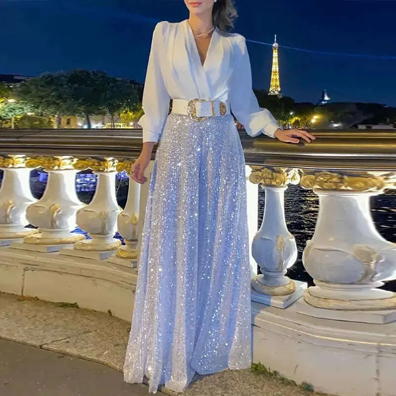Elegant Sequin Wide Leg Pants Office Lady Spring Commute Suits Sexy Party V-Neck Blouse Top+Trousers Women Outfits Two Piece Set 1