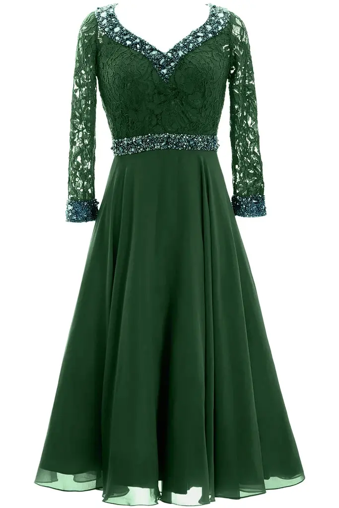 Macloth Long Sleeves O Neck Jersey Maxi Evening Gown Mother Of The Macloth Women 3/4 Sleeve Lace Wedding Tea Length Mother Of Bride Dresses Midirides Dress 1