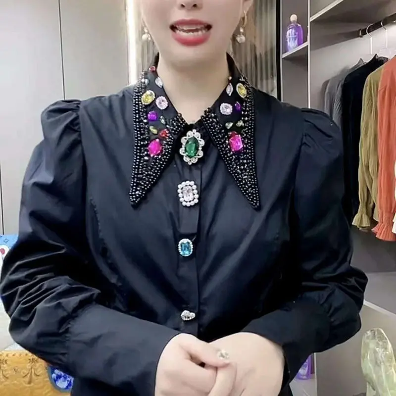 Luxury Sparking Women Rhinestones Beaded Cotton Shirts And Blouses Autumn Spring White Black Diamonds Loose Tops Blusas Female 1