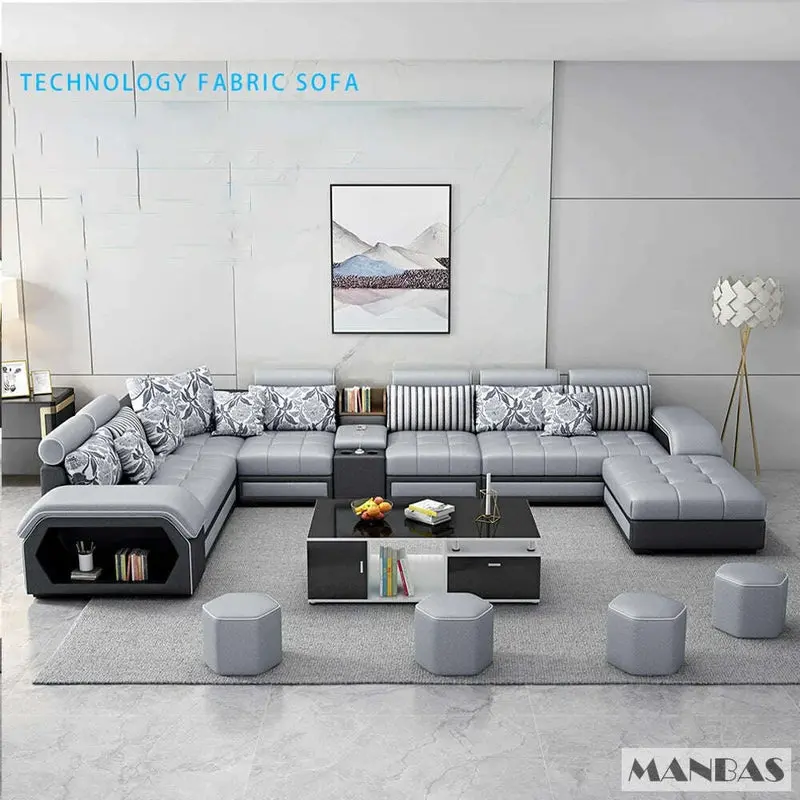 Manbas Fabric Sofa Set Furniture Living Room Sofa Set With Usb And Stools / Big U Shape Cloth Couch Sofas For Home Furniture 2
